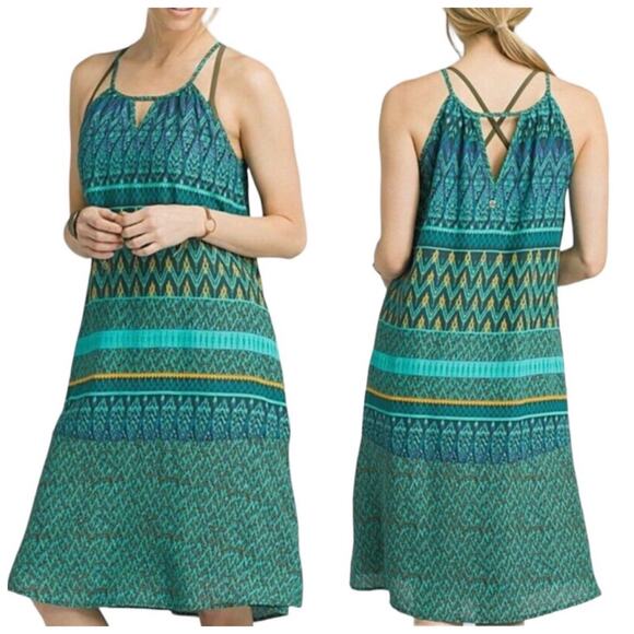 Prana Women's Nari Ikat Green Laurel Halter Relaxed Fit Midi Dress - Size Large - Picture 1 of 8